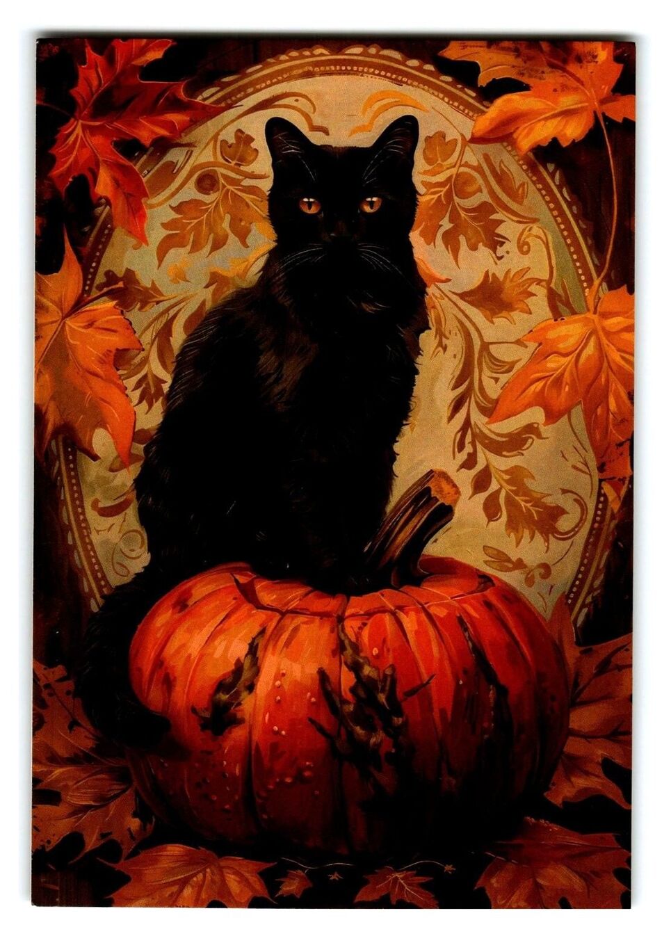 Vintage Halloween Black Cat Pumpkin Postcard - Autumn Decor Art